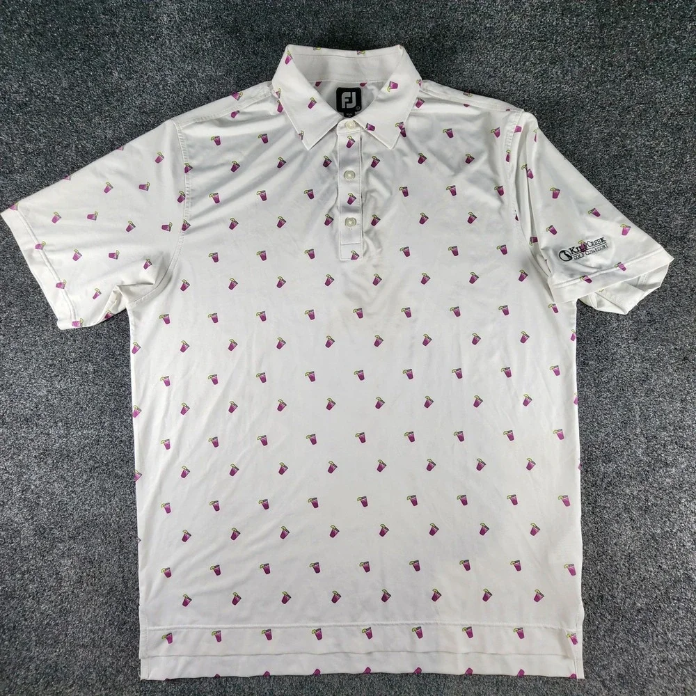 FootJoy Mens Large White Purple Cocktail Print Golf Polo Shirt Kiln Creek‎ Golf